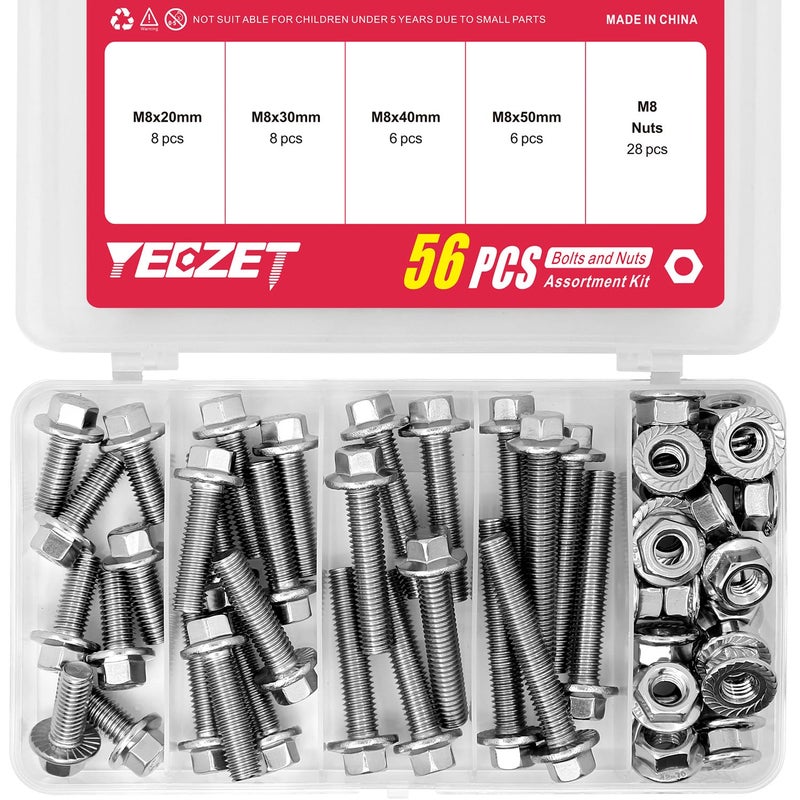 YEEZET 56PCS M8 Stainless Steel 304 Flanged Hex Head Bolts and Nuts kit 20mm 30mm 40mm 50mm - Image 1